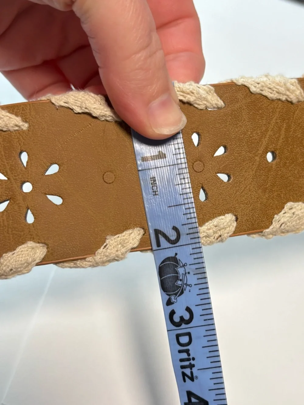 Boho fairycore faux leather belt with white lace trim, lasercut flowers. Small